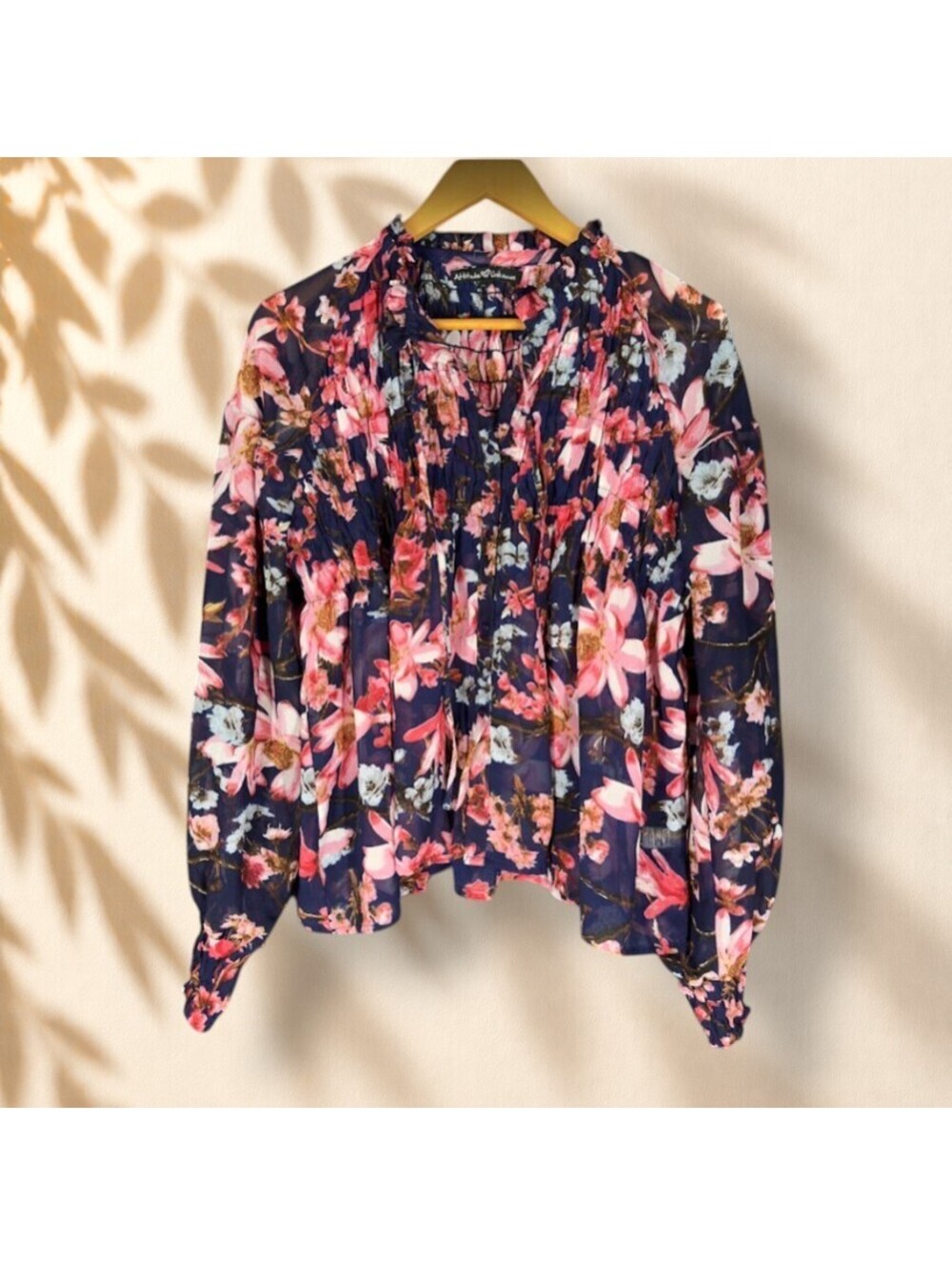 Attitude Shirt Women XL Blue Floral Button Up V-Neck Tasseled Long Sleeve Casual